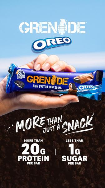 A close-up, high-contrast shot of a protein bar held in a hand, emphasizing macronutrient specs like high protein and low sugar.